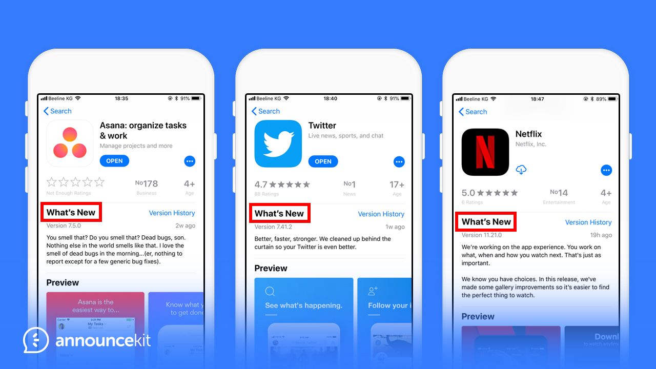 Asana Twitter & Netfix - App Release Note Examples