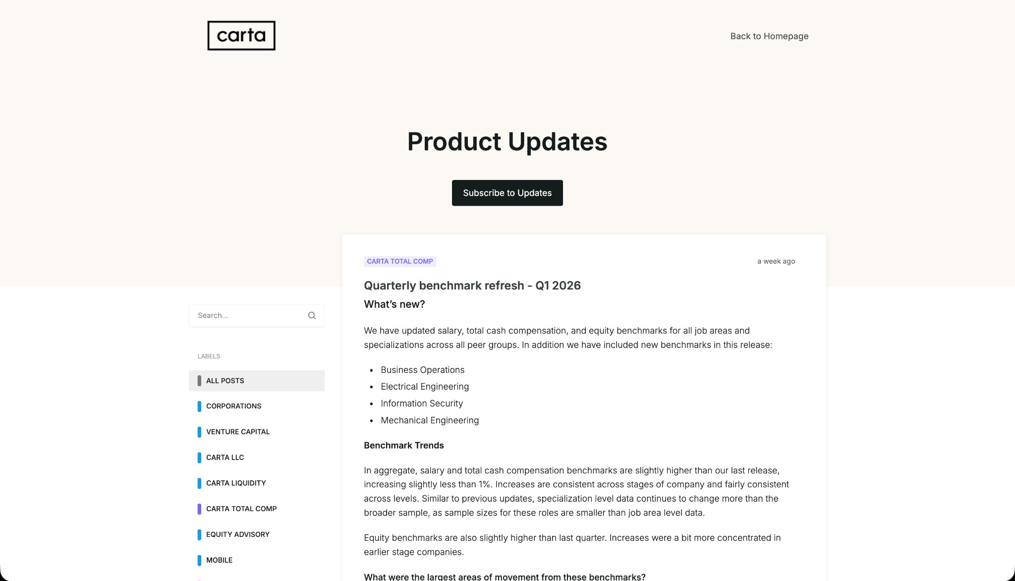 Carta Product Updates — changelog screenshot