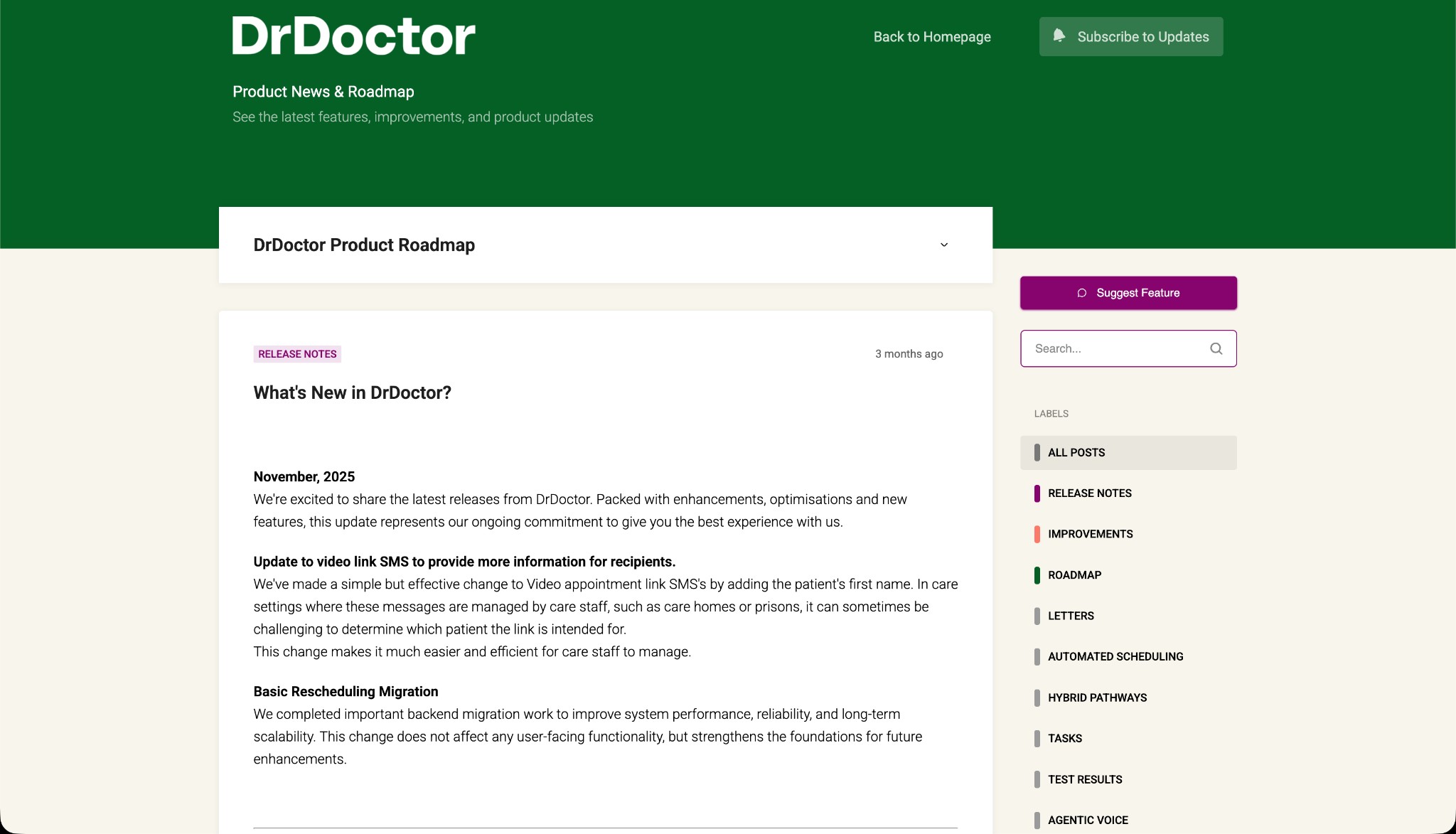 DrDoctor Product News & Roadmap — changelog screenshot