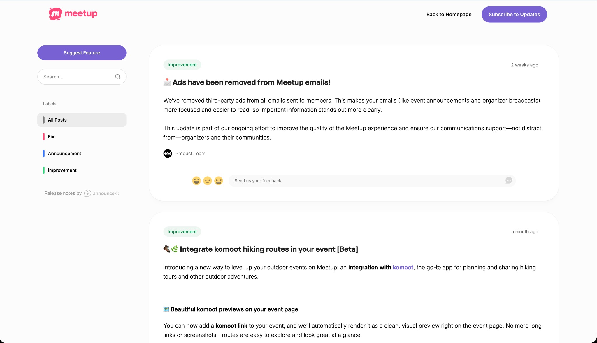 Meetup Product Updates — changelog screenshot