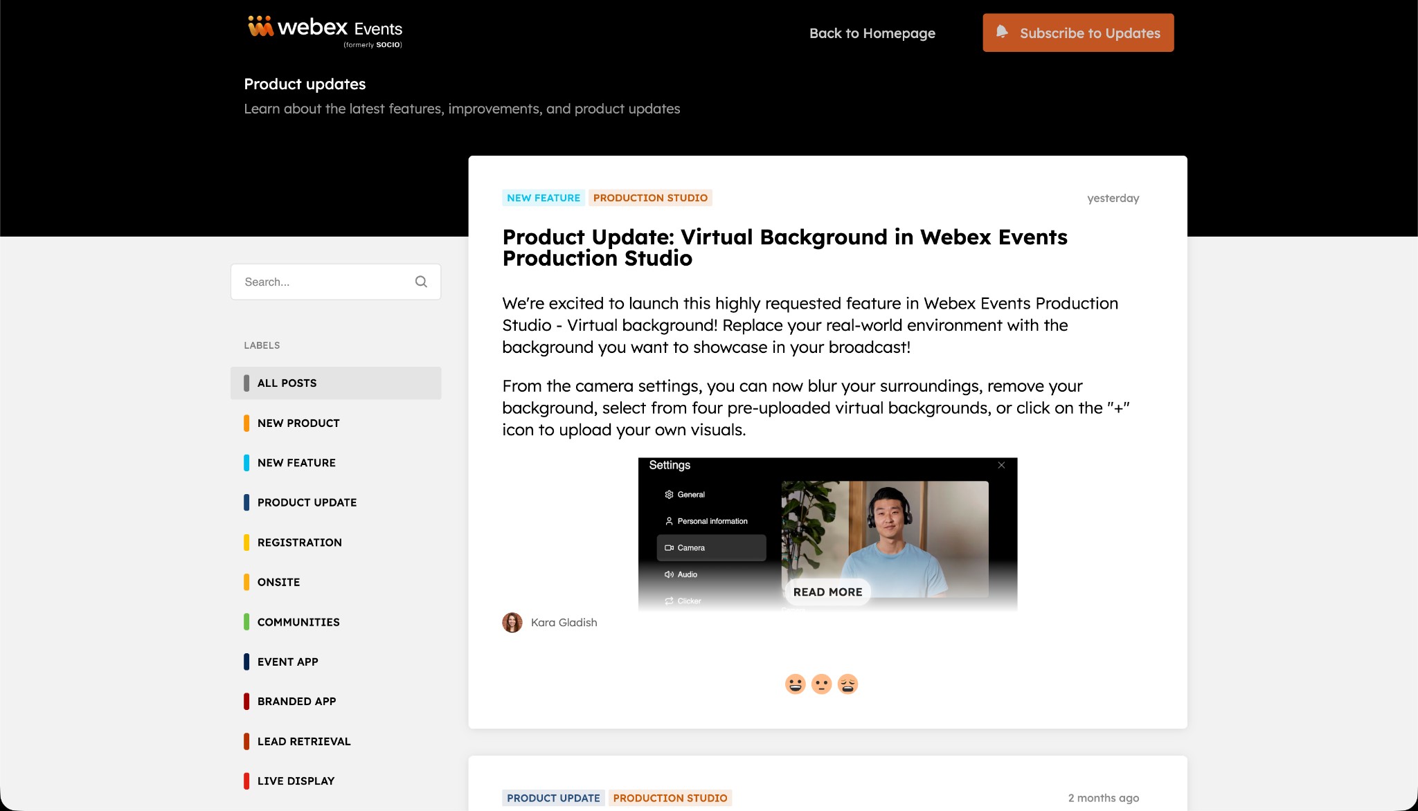 Webex Events Product Updates — changelog screenshot